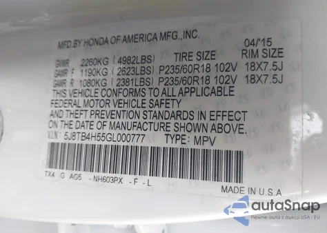 2016 Acura Rdx Technology Acurawatch Plus Packages/Technology Package from USA, damaged, VIN 5J8TB4H55GL000777
